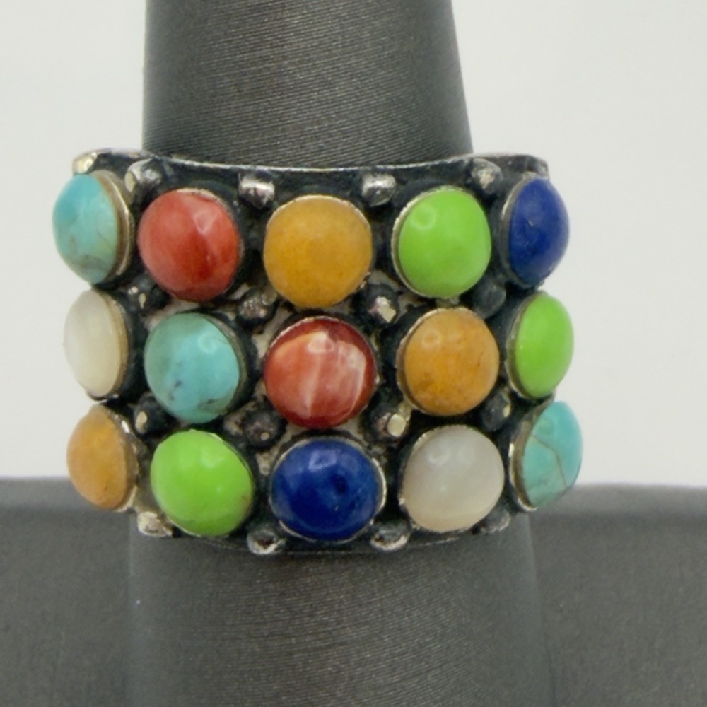 Vtg Southwestern Style Sterling Silver Multi Gemstone Thick Band Ring Size 7